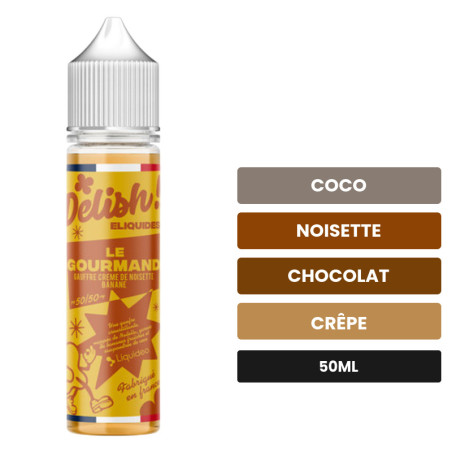 E-liquide Le Gourmand Delish de Liquideo, 50 ml, saveurs coco, noisette, chocolat et 1 autre.