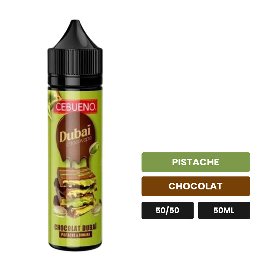 E-liquide Dubaï Chocovape de Cebueno, 50 ml, saveurs pistache et chocolat.