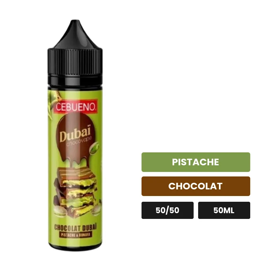 E-liquide Dubaï Chocovape de Cebueno, 50 ml, saveurs pistache et chocolat.
