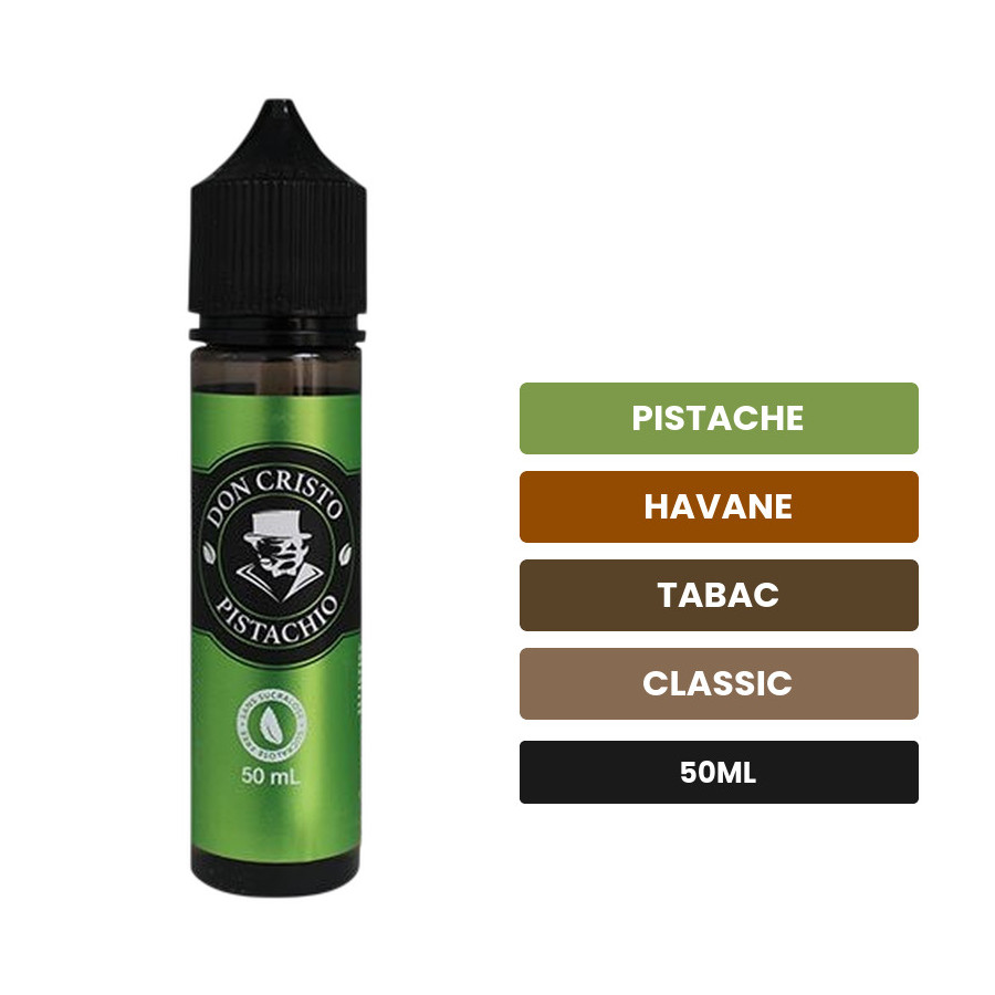 E-liquide Don Cristo Pistachio, 50 ml, saveurs pistache, havane, tabac et 1 autre.