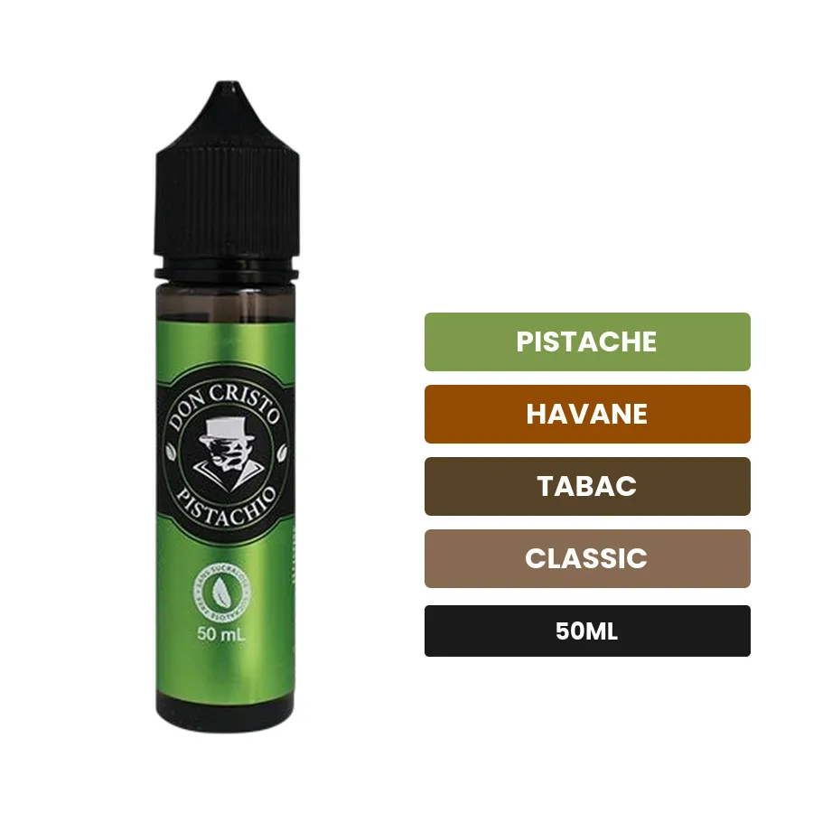 E-liquide Don Cristo Pistachio, 50 ml, saveurs pistache, havane, tabac et 1 autre.