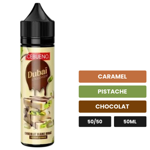 E-liquide Dubaï Chocovape White de Cebueno, 50 ml, saveurs caramel, pistache et chocolat.