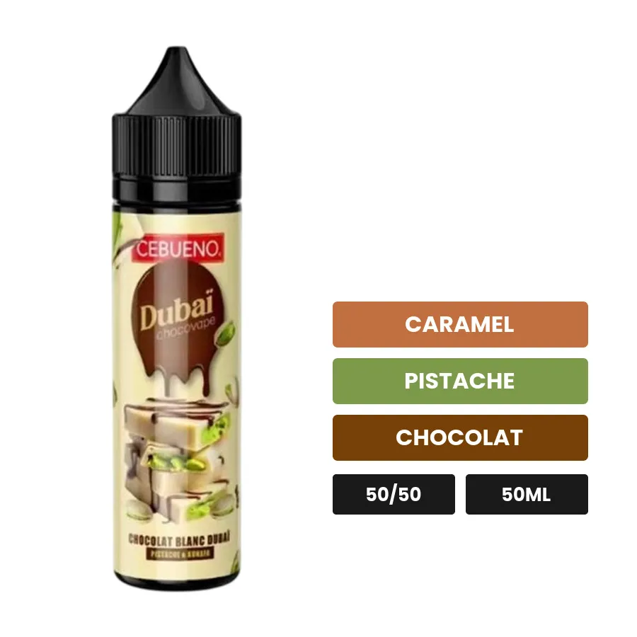 E-liquide Dubaï Chocovape White de Cebueno, 50 ml, saveurs caramel, pistache et chocolat.