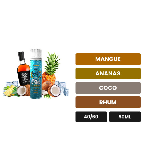 E-liquide Caraïbes de Full Moon, 50 ml, saveurs mangue, ananas, coco et 2 autres.