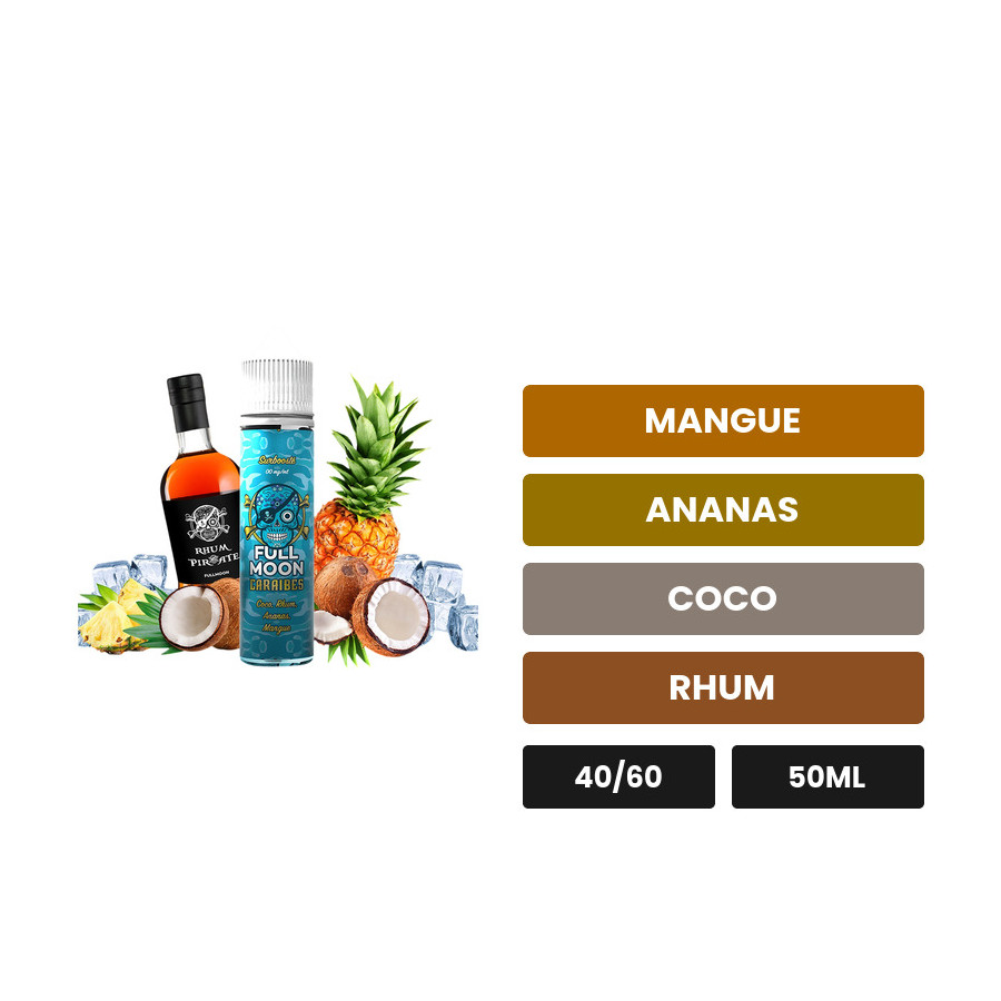 E-liquide Caraïbes de Full Moon, 50 ml, saveurs mangue, ananas, coco et 2 autres.