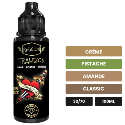 E-liquide Trahison de Religion Juice, 100 ml, saveurs crème, pistache, amande et 2 autres.
