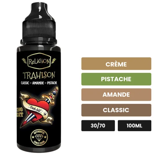 E-liquide Trahison de Religion Juice, 100 ml, saveurs crème, pistache, amande et 2 autres.
