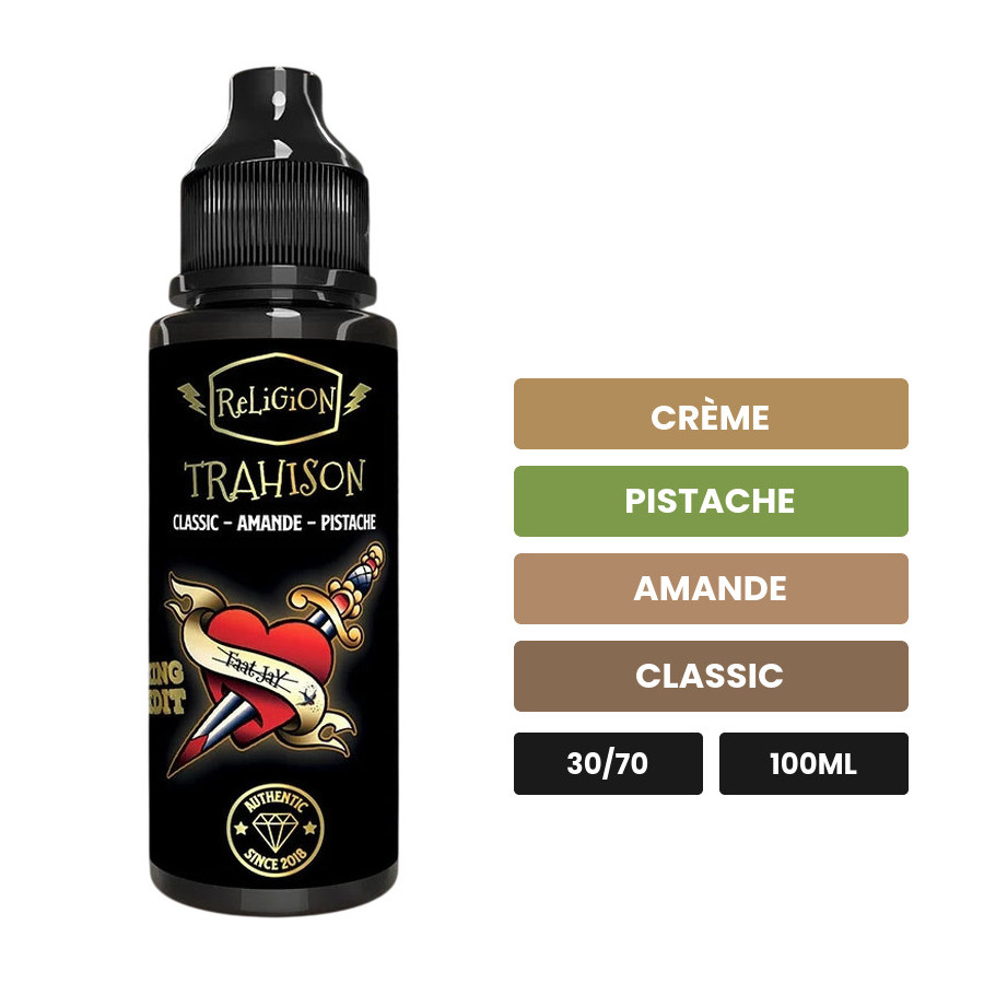 E-liquide Trahison de Religion Juice, 100 ml, saveurs crème, pistache, amande et 2 autres.