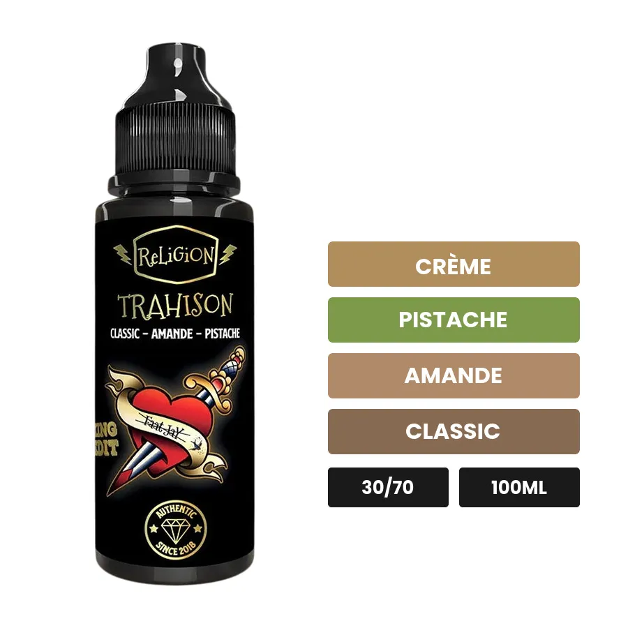 E-liquide Trahison de Religion Juice, 100 ml, saveurs crème, pistache, amande et 2 autres.