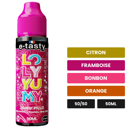 E-liquide Dragy Pills d'E.Tasty, 50 ml, saveurs citron, framboise, bonbon et 1 autre.