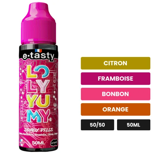 E-liquide Dragy Pills d'E.Tasty, 50 ml, saveurs citron, framboise, bonbon et 1 autre.