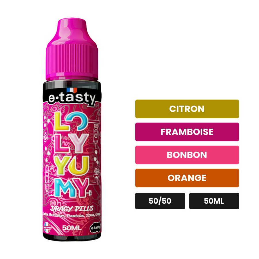 E-liquide Dragy Pills d'E.Tasty, 50 ml, saveurs citron, framboise, bonbon et 1 autre.