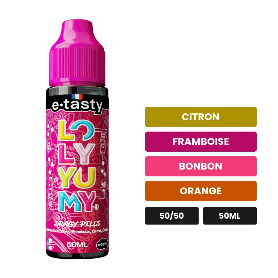 E-liquide Dragy Pills d'E.Tasty, 50 ml, saveurs citron, framboise, bonbon et 1 autre.