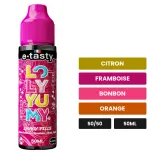 E-liquide Dragy Pills d'E.Tasty, 50 ml, saveurs citron, framboise, bonbon et 1 autre.