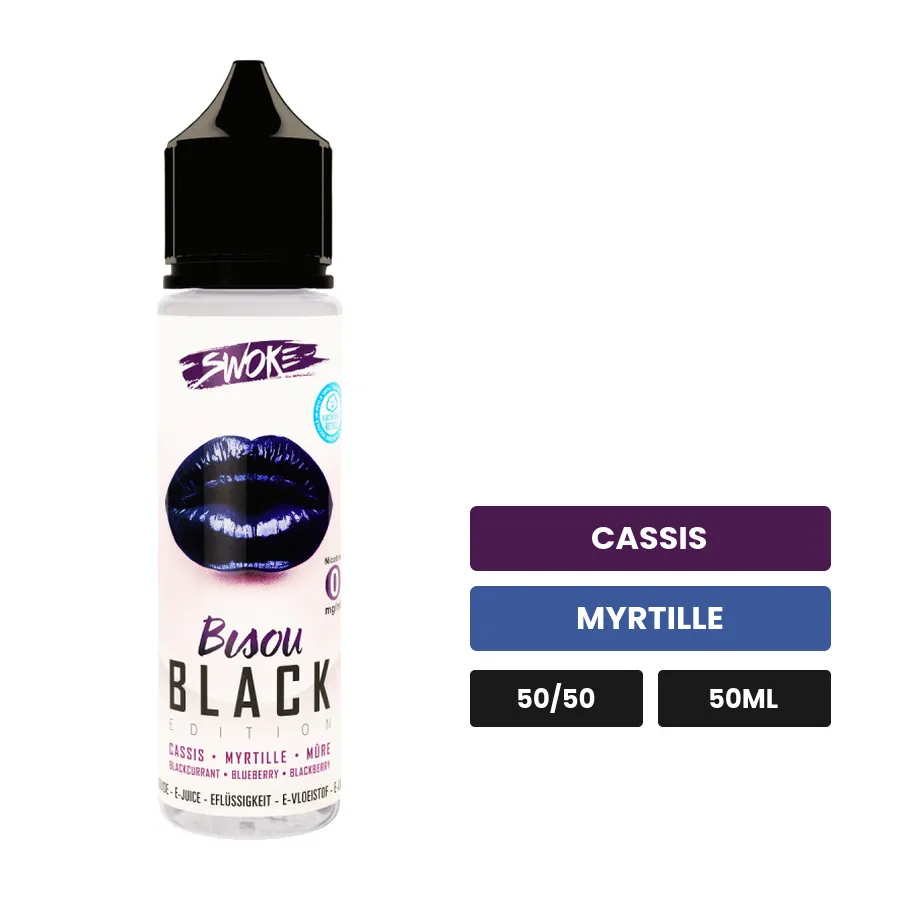 E-liquide Bisou Black de Swoke, 50 ml, saveurs cassis et myrtille.