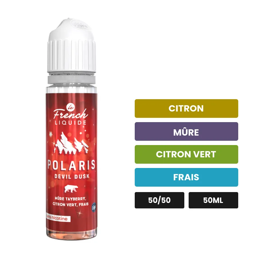 E-liquide Devil Dusk de Le French Liquide, 50 ml, saveurs citron, mûre, citron vert et 1 autre.