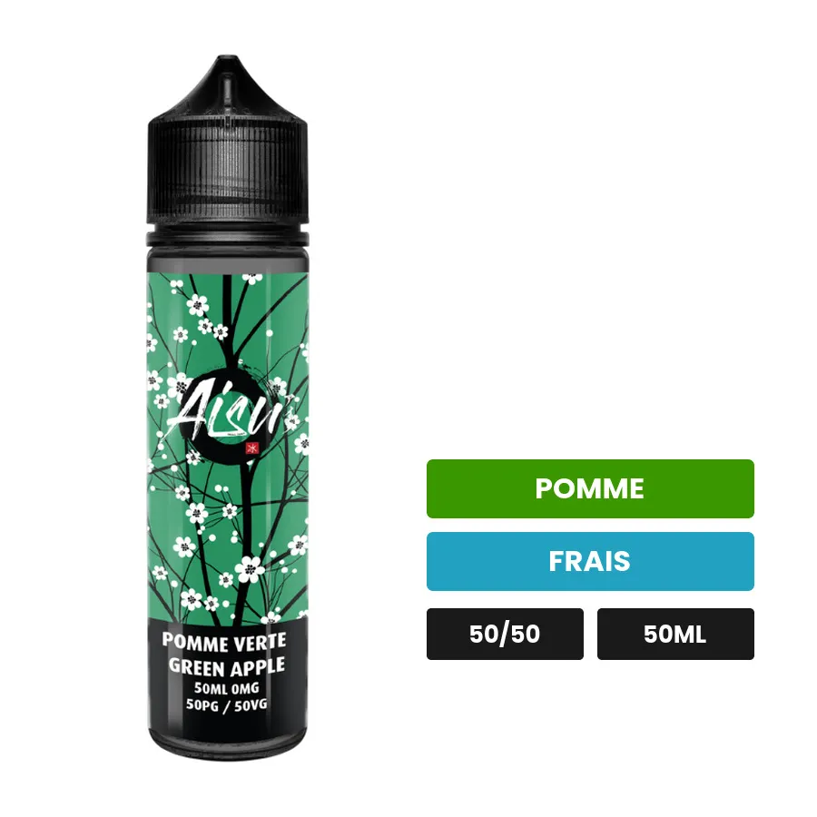E-liquide Green Apple d'Aisu, 50 ml, saveurs pomme et frais.