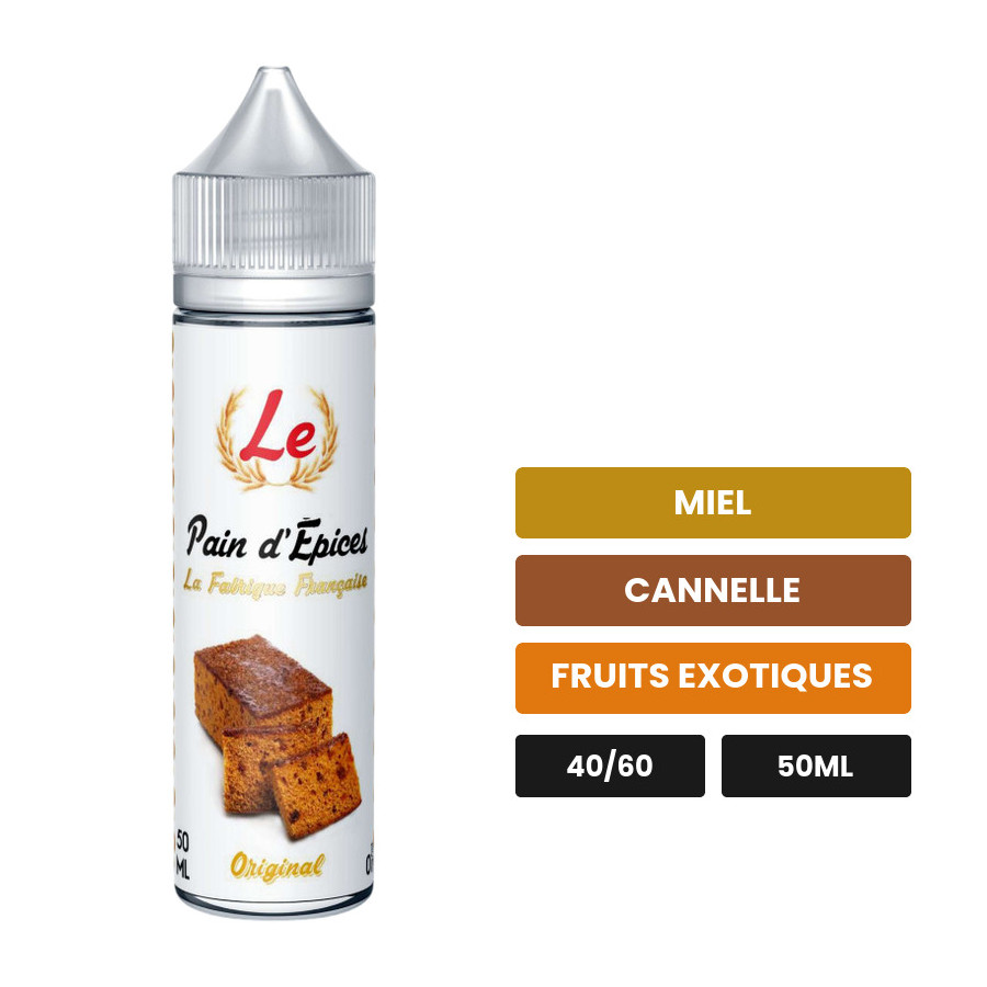 E-liquide Le Pain d'Épices de La Fabrique Française, 50 ml, saveurs miel, cannelle et fruits exotiques.