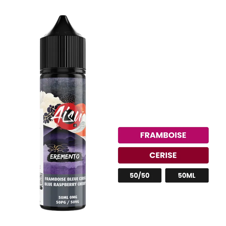 E-liquide Framboise Bleue Cerise d'Aisu, 50 ml, saveurs framboise et cerise.