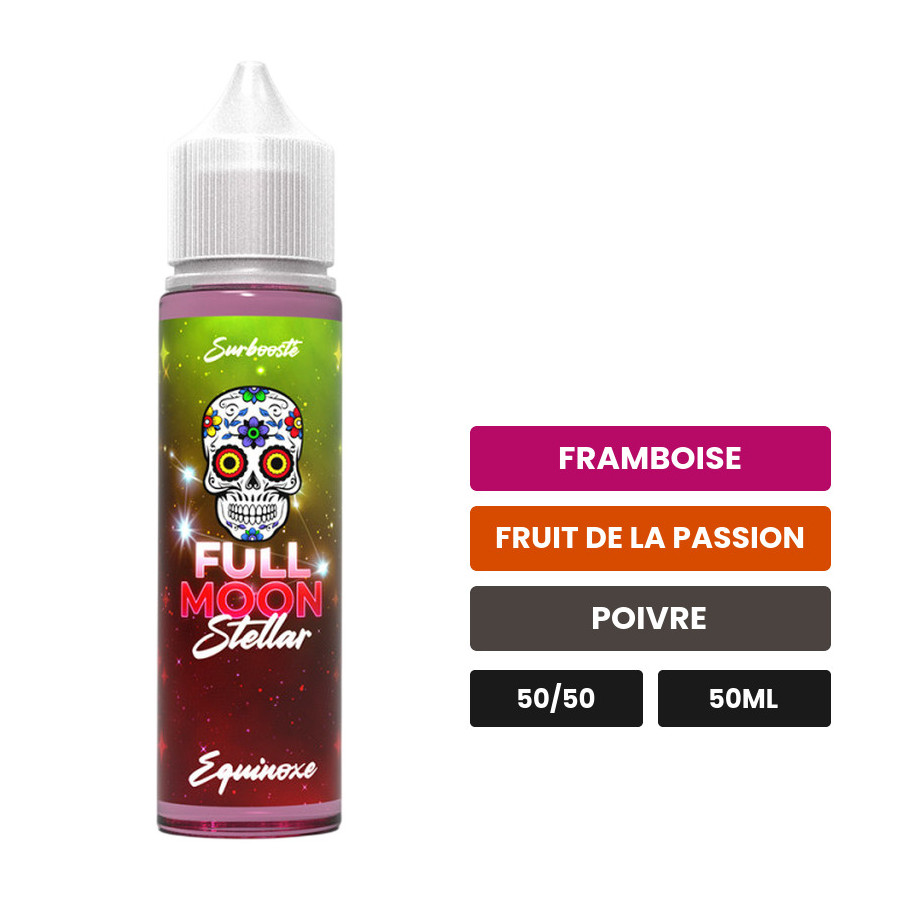 E-liquide Equinoxe de Full Moon, 50 ml, saveurs framboise, fruit de la passion et poivre.