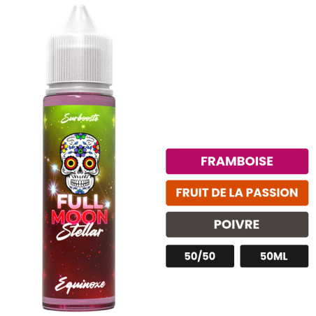 E-liquide Equinoxe de Full Moon, 50 ml, saveurs framboise, fruit de la passion et poivre.