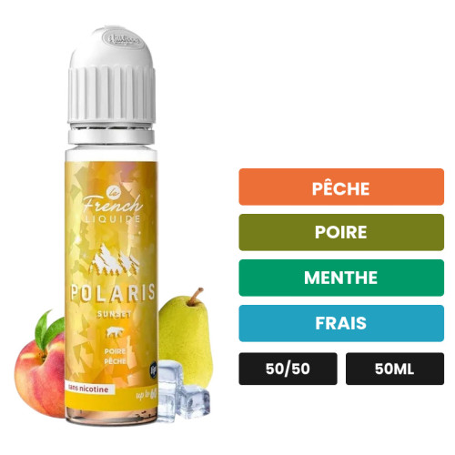 E-liquide Sunset de Le French Liquide, 50 ml, saveurs pêche, poire, menthe et 1 autre.