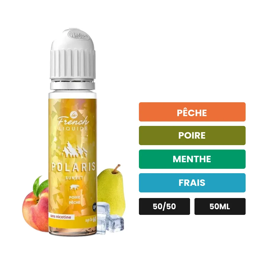 E-liquide Sunset de Le French Liquide, 50 ml, saveurs pêche, poire, menthe et 1 autre.