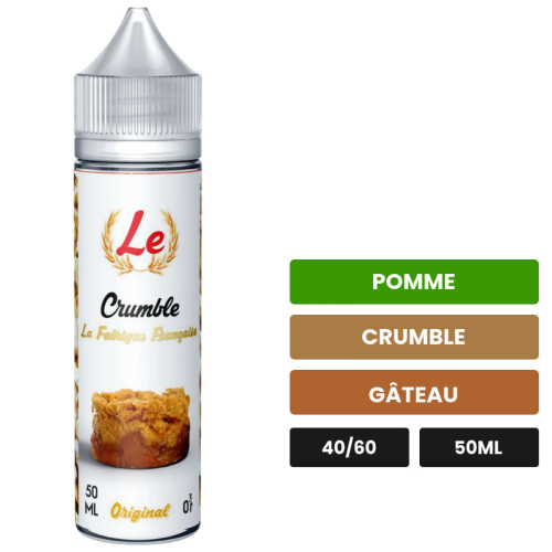 E-liquide Le Crumble de La Fabrique Française, 50 ml, saveurs pomme, crumble et gâteau.