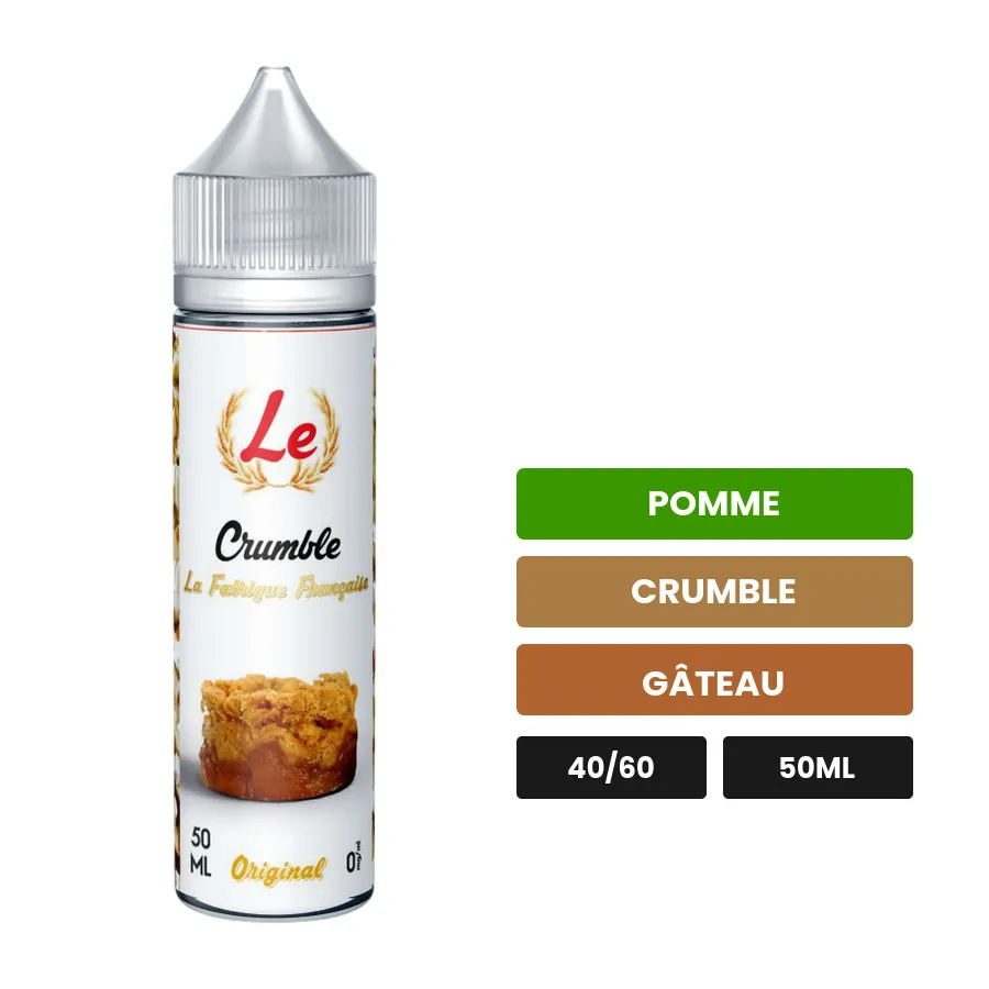E-liquide Le Crumble de La Fabrique Française, 50 ml, saveurs pomme, crumble et gâteau.
