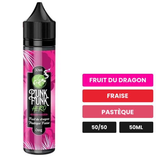 E-liquide Fruit Du Dragon Pastèque Fraise de Punk Funk Hero, 50 ml, saveurs fruit du dragon, fraise et pastèque.