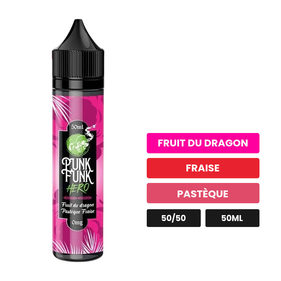E-liquide Fruit Du Dragon Pastèque Fraise de Punk Funk Hero, 50 ml, saveurs fruit du dragon, fraise et pastèque.