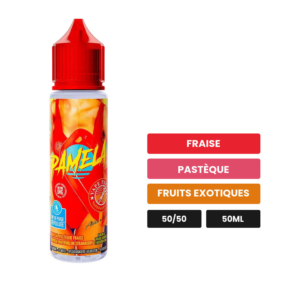 E-liquide Pamela de Swoke, 50 ml, saveurs fraise, pastèque et fruits exotiques.