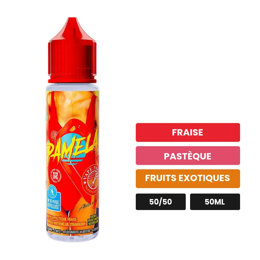 E-liquide Pamela de Swoke, 50 ml, saveurs fraise, pastèque et fruits exotiques.