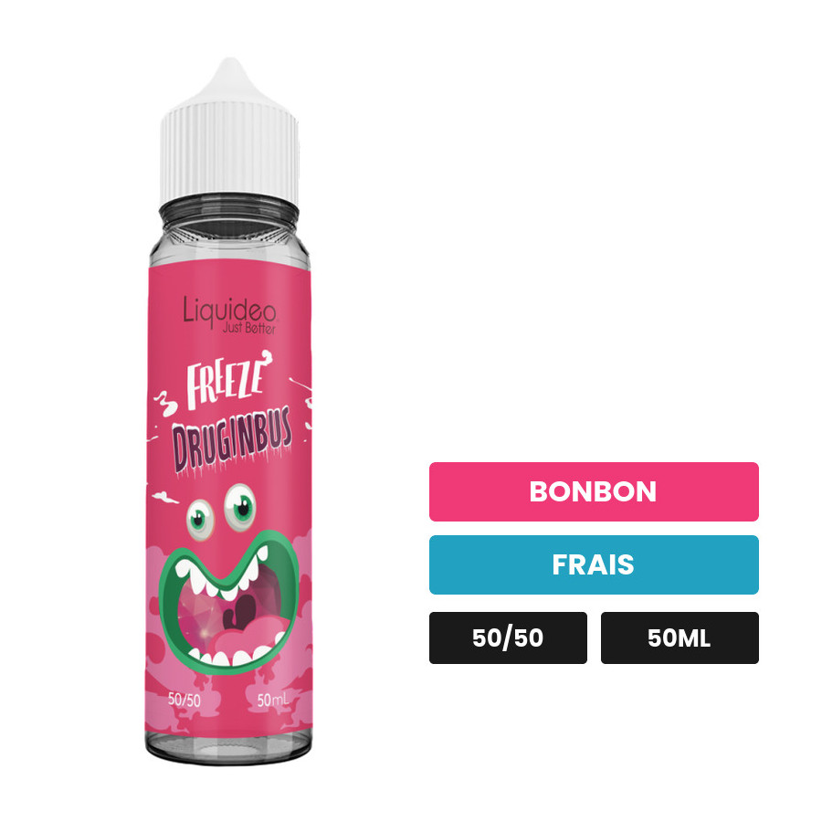 E-liquide Druginbus de Liquideo, 50 ml, saveurs bonbon et frais.