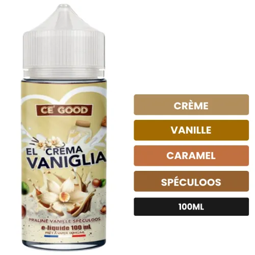 E-liquide El Crema Vaniglia de Ce'Good, 100 ml, saveurs crème, vanille, caramel et 2 autres.