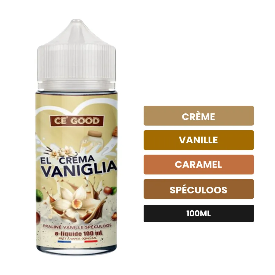 E-liquide El Crema Vaniglia de Ce'Good, 100 ml, saveurs crème, vanille, caramel et 2 autres.