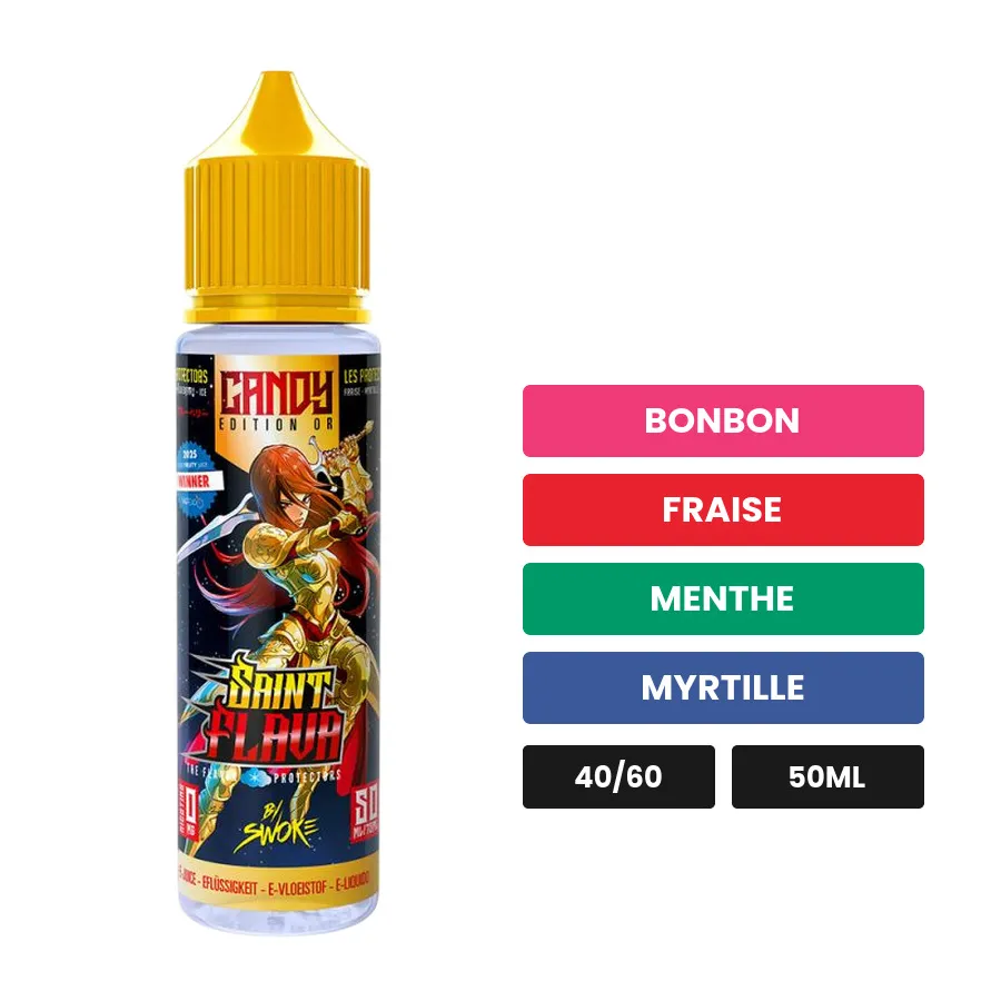 E-liquide Candy Gold de Swoke, 50 ml, saveurs bonbon, fraise, menthe et 2 autres.