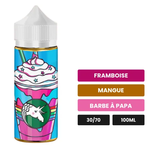 E-liquide Unicorn Frappé de Juice Man's, 100 ml, saveurs framboise, mangue et barbe à papa.