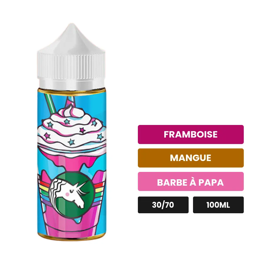 E-liquide Unicorn Frappé de Juice Man's, 100 ml, saveurs framboise, mangue et barbe à papa.