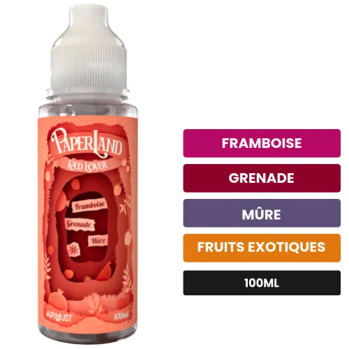 E-liquide Red Lover d'Airmust, 100 ml, saveurs framboise, grenade, mûre et 2 autres.