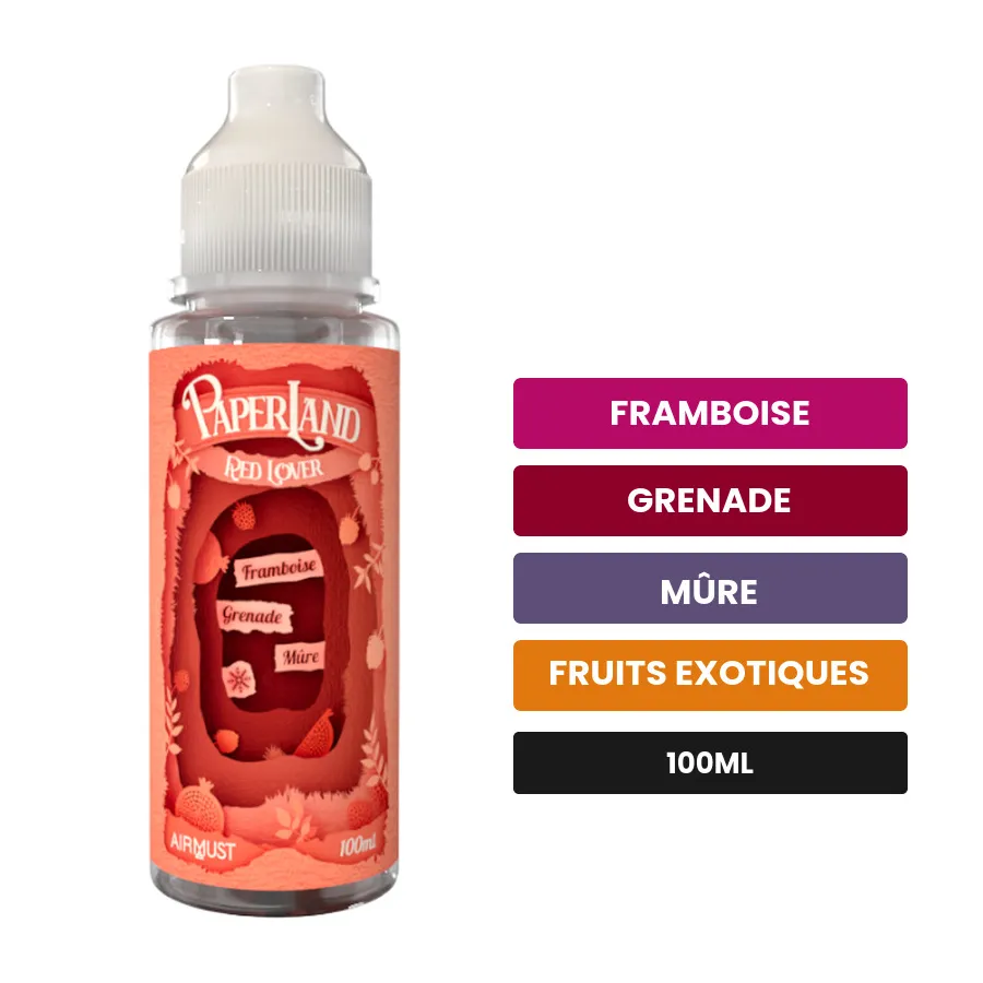 E-liquide Red Lover d'Airmust, 100 ml, saveurs framboise, grenade, mûre et 2 autres.