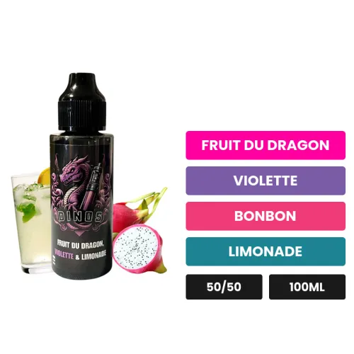 E-liquide Fruit du Dragon Violette Limonade de Dinos, 100 ml, saveurs fruit du dragon, violette, bonbon et 2 autres.