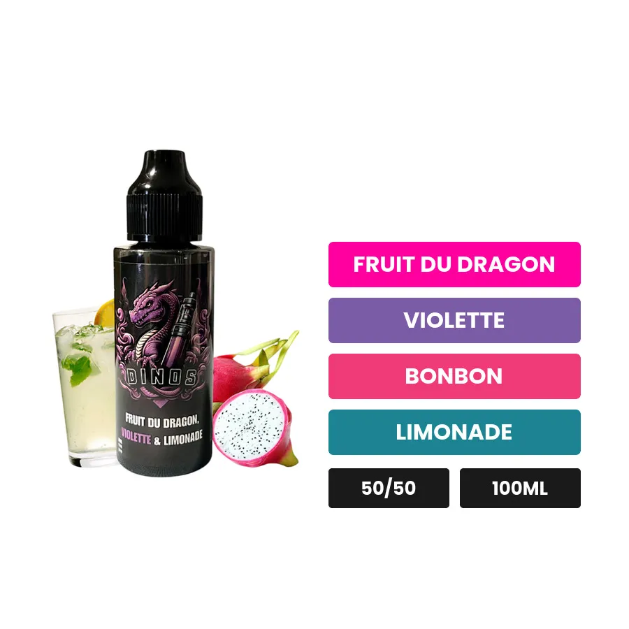 E-liquide Fruit du Dragon Violette Limonade de Dinos, 100 ml, saveurs fruit du dragon, violette, bonbon et 2 autres.