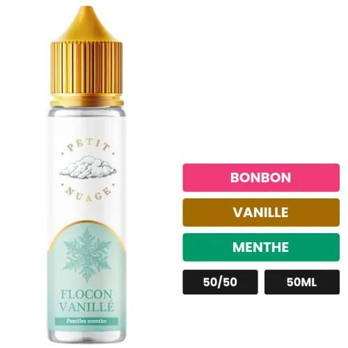 E-liquide Flocon Vanillé de Petit Nuage, 50 ml, saveurs bonbon, vanille et menthe.