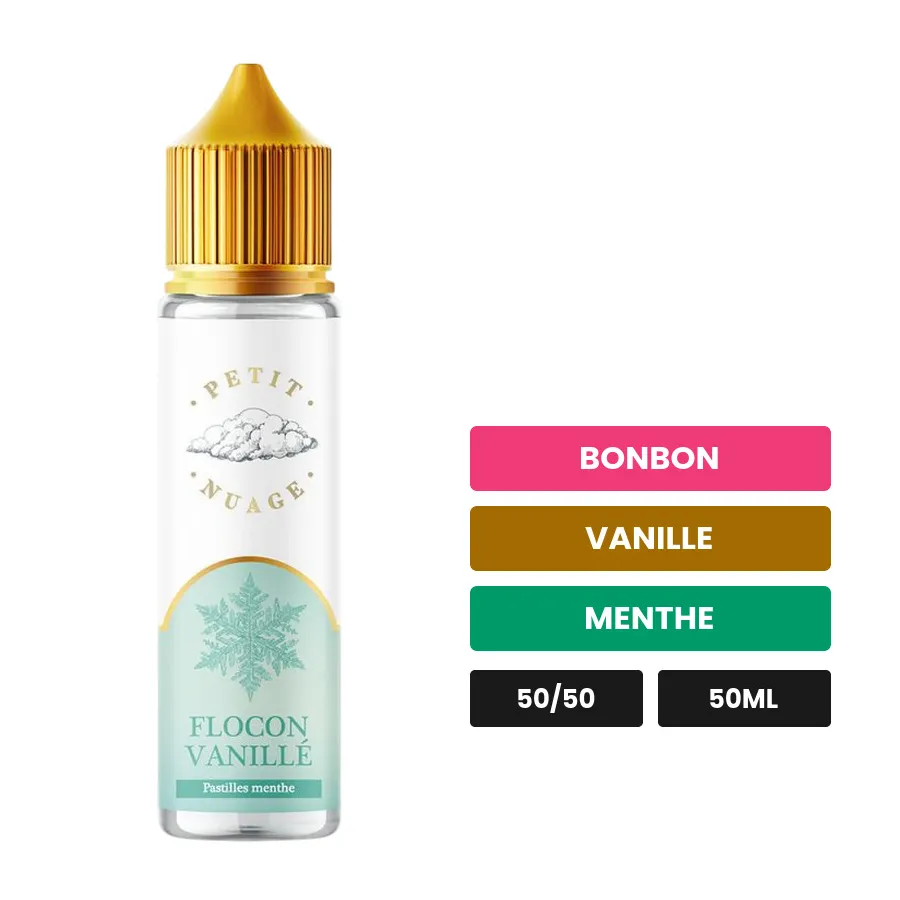 E-liquide Flocon Vanillé de Petit Nuage, 50 ml, saveurs bonbon, vanille et menthe.