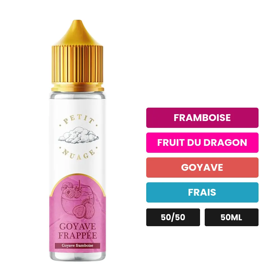 E-liquide Goyave Frappée de Petit Nuage, 50 ml, saveurs framboise, fruit du dragon, goyave et 1 autre.