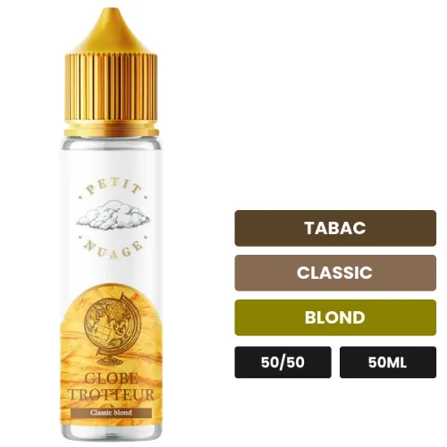 E-liquide Globe Trotteur de Petit Nuage, 50 ml, saveurs tabac, classic et blond.