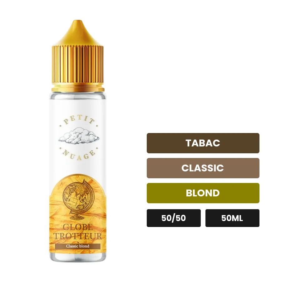 E-liquide Globe Trotteur de Petit Nuage, 50 ml, saveurs tabac, classic et blond.