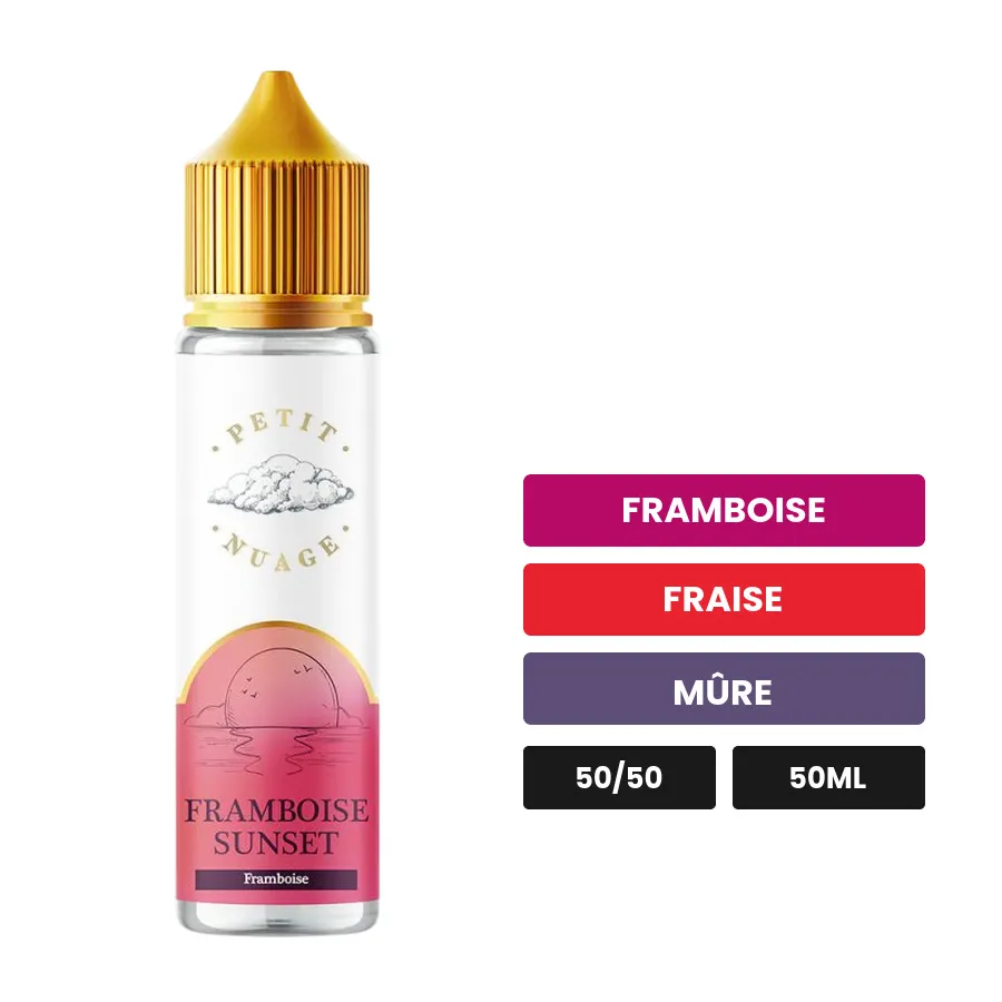 E-liquide Framboise Sunset de Petit Nuage, 50 ml, saveurs framboise, fraise et mûre.