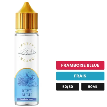 E-liquide Rêve Bleu de Petit Nuage, 50 ml, saveurs framboise bleue et frais.
